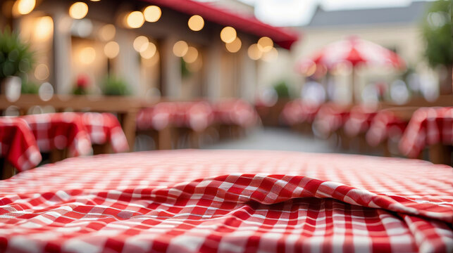 An empty wooden table covered with a red and white checkered tablecloth
