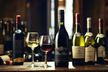 Bottles and glasses of wine on the table.