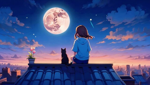 The Girl on the rooftop with his cat, under the moon, with twinkling stars, falling stars ,meteor shower ,seamless 4K Lofi looping animation