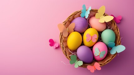 Fototapeta na wymiar Vibrant Flat Lay Photo of Colorful Easter Eggs Arranged in a Basket Festive Spring Celebration