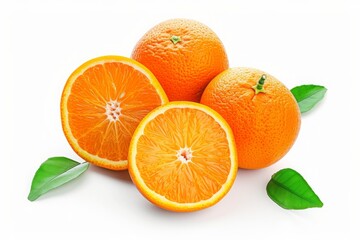 A Natural Orange Fruit, Expertly Cut in Half and Accented with Green Leaves, Stands Beautifully Isolated on a Clean White Background