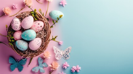 Fototapeta na wymiar Creative Flat Lay Photo of Artfully Arranged Easter Eggs in a Basket Festive Spring Celebration