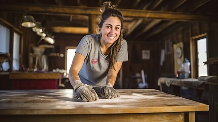 Happy smiling woman sanding old wooden table with sponge for furniture renovation and home improvement project