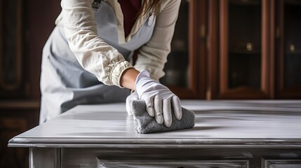 Woman in gloves painting old wooden table in grey for furniture renovation and home improvement project