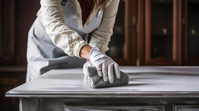 Woman In Gloves Painting Old Wooden Table In Grey For Furniture Renovation And Home Improvement Project