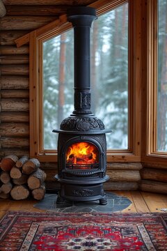 cast-iron stove in a rustic house with a fire lit inside to heat the house