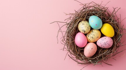 Fototapeta premium Colorful Easter Nest Flat Lay Vibrant Eggs Nestled in a Whimsical Nest on a Pastel Pink Background