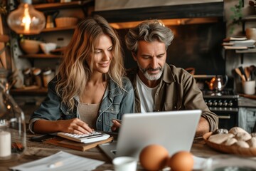 Caucasian Couple Smiling While Reviewing Laptop Screen at Kitchen Table with Documents and Calculator