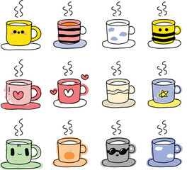 set of hand drawn coffee cup doodles. hand drawn tea theme elements in doodle style.