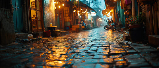 a cobblestone street with a motorcycle parked on the side