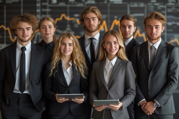 Young Business Team in Formal Attire Brainstorming with Tablet in Sleek Office, Graphs Displayed in Background