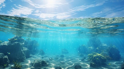 Fototapeta na wymiar Split underwater view with sunny sky and serene sea. 