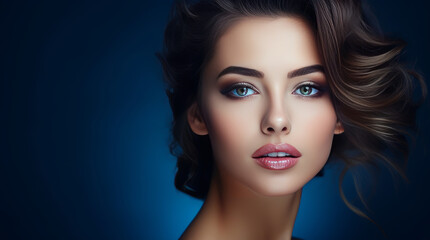 Portrait of a beautiful, elegant, sexy Caucasian woman with perfect skin, on a dark blue background, banner.