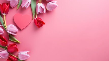 Pink tulips with fresh green leaves on a pink background. Beautiful background for a holiday, valentine's day, women's day. An empty space for the text.