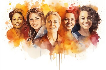 Confident women: Watercolor faces exude joy and empowerment.