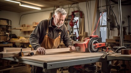 Mature male carpenter working on wooden furniture in his workshop