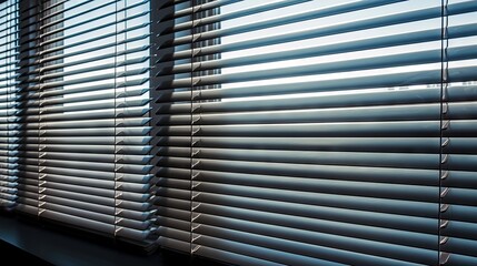 Close-up of modern office window blinds with geometric patterns and sunlight