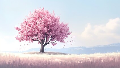Obraz na płótnie Canvas Cherry blossom sakura tree standing gracefully in lush meadow with expansive sky stretching overhead idyllic scene reminiscent of watercolor painting of spring and beauty of nature in full bloom