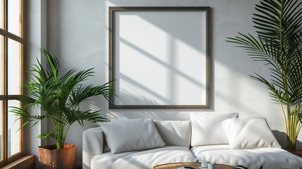 Blank frame for mockup, frame hanging on a wall, boho modern style.