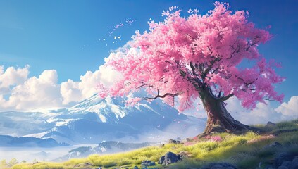 Cherry blossom sakura tree standing gracefully in lush meadow with expansive sky stretching...