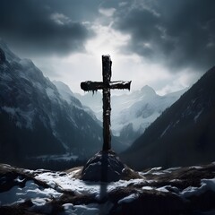 cross standing by the roadside in the winter mountains - obrazy, fototapety, plakaty