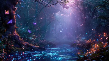 An enchanted forest with magical creatures, glowing plants, ancient trees, a hidden fairy village, mystical ambiance. Resplendent.