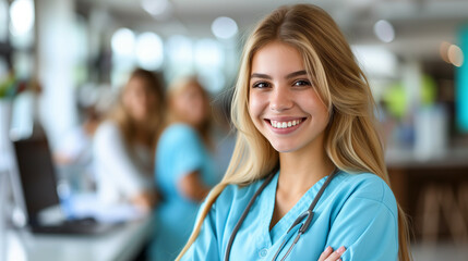 A friendly smiling nurse is looking into the lens.