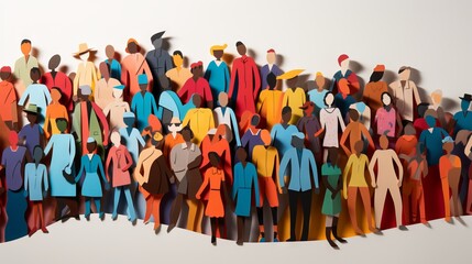 Paper cut out illustration of a large and diverse group of people in different colors and shapes