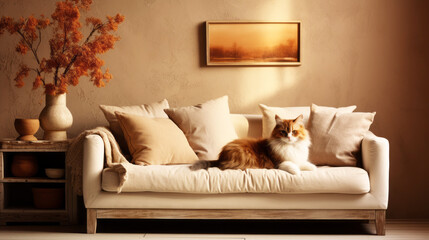 Fototapeta na wymiar Minimalist interior with cat and poster frame