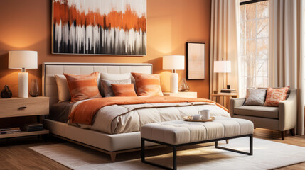 Luxury modern colorful orange bedroom interior in an apartment