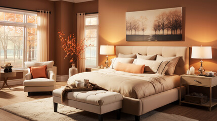 Luxury modern colorful orange bedroom interior in an apartment