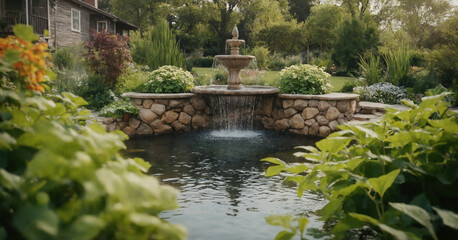 A serene outdoor fountain in a garden setting, with flowing water and lush greenery creating a harmonious scene of natural beauty.