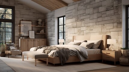 A modern farmhouse bedroom with hidden storage, combining rustic elements with contemporary design