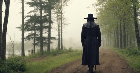 A solitary figure dons a historical plague mask, embodying the eerie atmosphere of the medieval era amidst foggy woods and a mist-covered lake.
