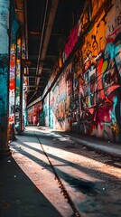 Fototapeta na wymiar a dark alley with graffiti on the walls