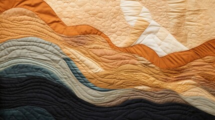 Abstract quilted wall hanging in earth tones with natural light and stitch work detail