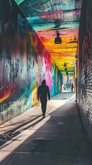 a person walking down a tunnel covered in graffiti