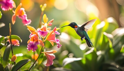 Obraz premium a hummingbird flying over a bunch of flowers