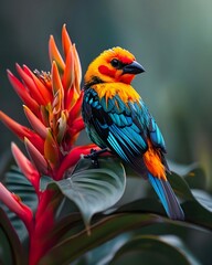 a colorful bird sitting on top of a red flower