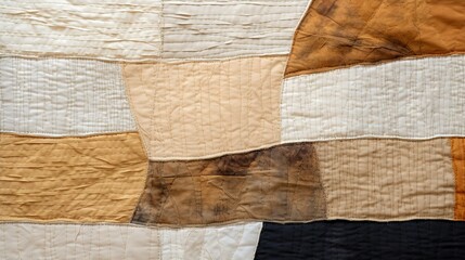 Abstract quilted wall hanging in earth tones with natural light and stitch work detail