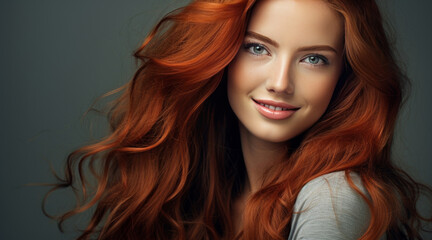 Obraz premium Portrait of an elegant, sexy smiling woman with perfect skin and long red hair, on a gray background, banner.