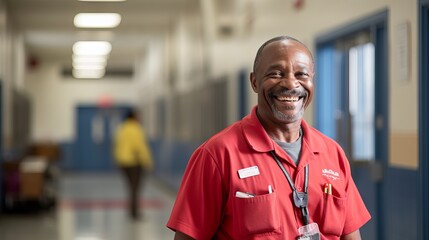African American school janitor with a smile and a broom standing in a corridor of an educational institution - obrazy, fototapety, plakaty