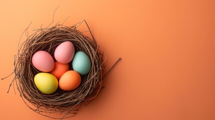Colorful Easter Nest Flat Lay Vibrant Eggs Nestled in a Whimsical Nest on a Soft Orange Background