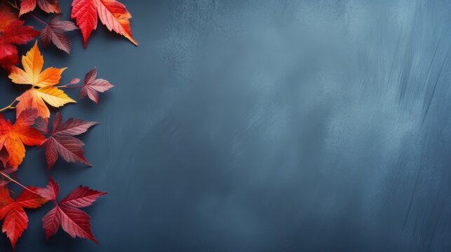 autumn leaves on the wall. Autumn background with colored red leaves on blue slate background. Top view, copy space,