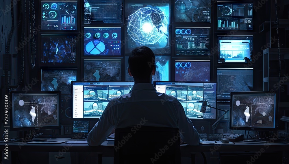 Aufkleber high tech environment focused man works diligently in front of multiple computer screens epitomizing