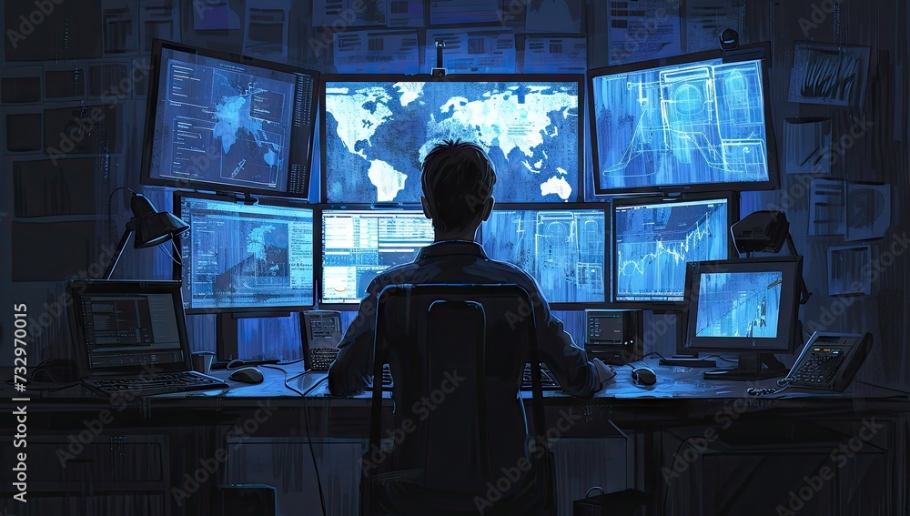 Poster high tech environment focused man works diligently in front of multiple computer screens epitomizing