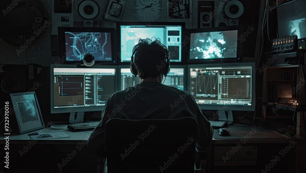 Poster high tech environment focused man works diligently in front of multiple computer screens epitomizing