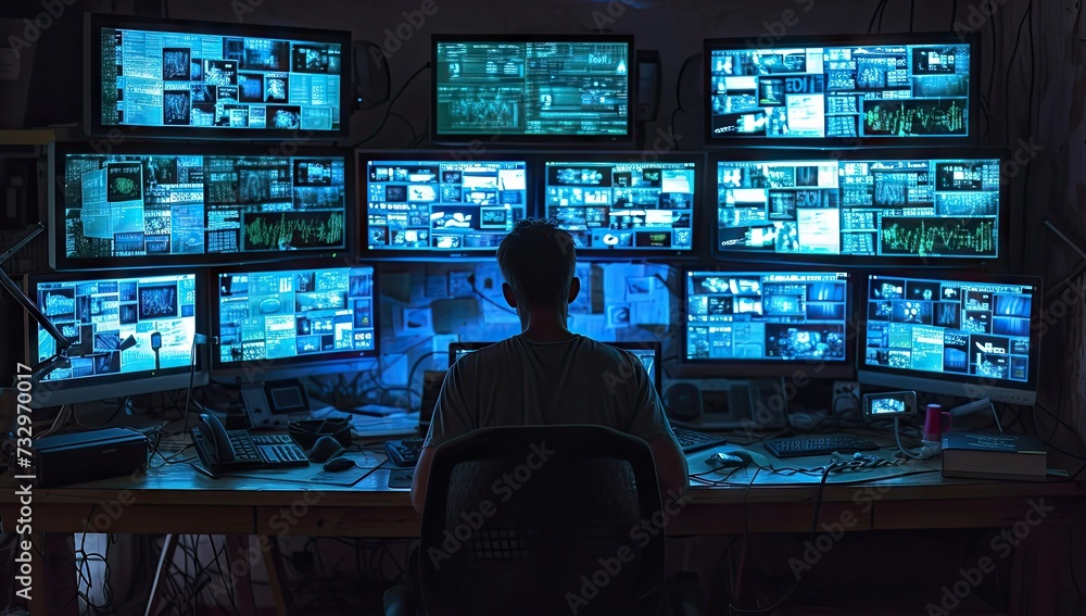 Aufkleber high tech environment focused man works diligently in front of multiple computer screens epitomizing