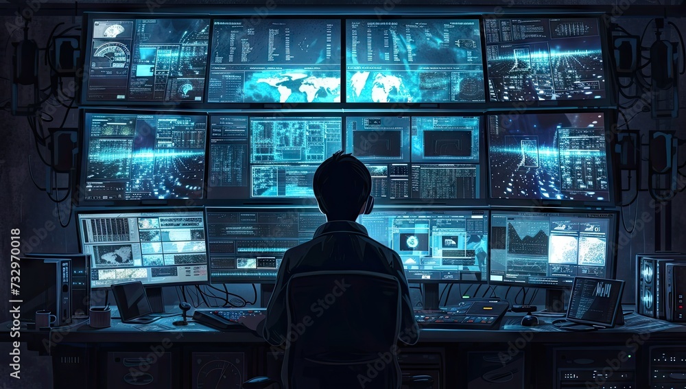 Poster high tech environment focused man works diligently in front of multiple computer screens epitomizing