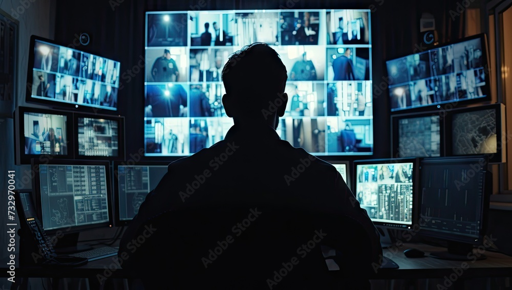 Poster high tech environment focused man works diligently in front of multiple computer screens epitomizing